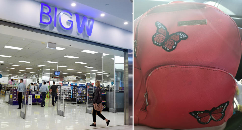 A Big W entry (left) and a backpack (right) that a mother claims she was instructed to leave outside a Big W store.