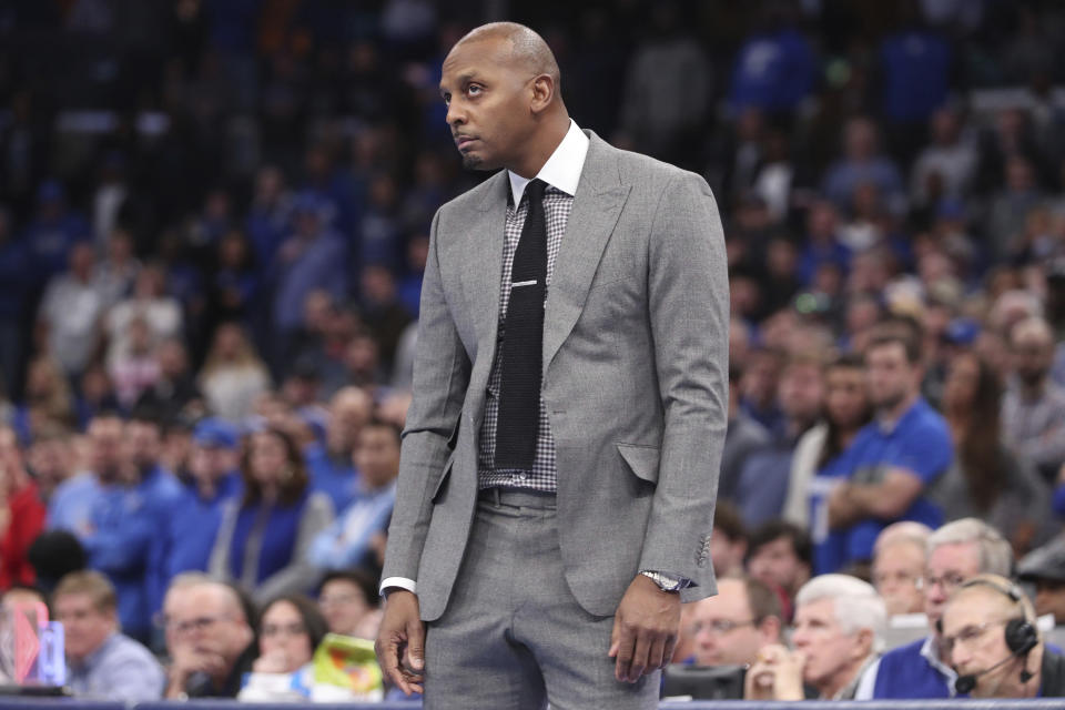 Memphis head coach Penny Hardaway watches a shot hit the basket towards the end of an NCAA college basketball game against Georgia Saturday, Jan. 4, 2020, in Memphis, Tenn. (AP Photo/Karen Pulfer Focht)