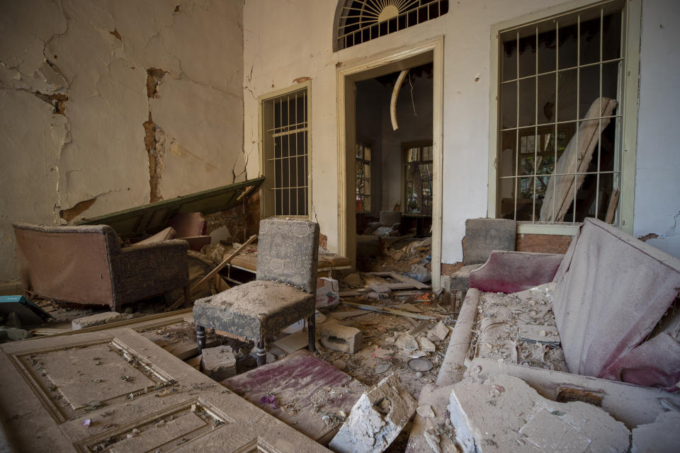 A destroyed of a building near the site of last week's explosion is seen in Beirut, Lebanon, Wednesday, Aug. 12, 2020. (AP Photo/Hassan Ammar)