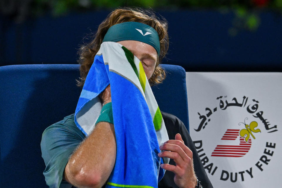 TOPSHOT - Russia's Andrey Rublev reacts after a point against Alexander Bublik of Kazakhstan during their semi-final match at the ATP Dubai Duty Free Tennis Championship in Dubai on March 1, 2024. (Photo by RYAN LIM / AFP) (Photo by RYAN LIM/AFP via Getty Images)