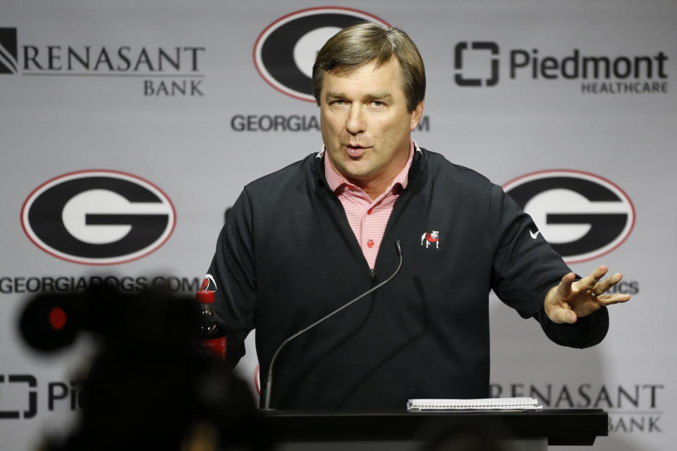 Georgia coach Kirby Smart speaks with the media on National Signing Day in Athens, Ga, on Wednesday, Dec. 18, 2019. (Joshua L. Jones/Athens Banner-Herald via AP)