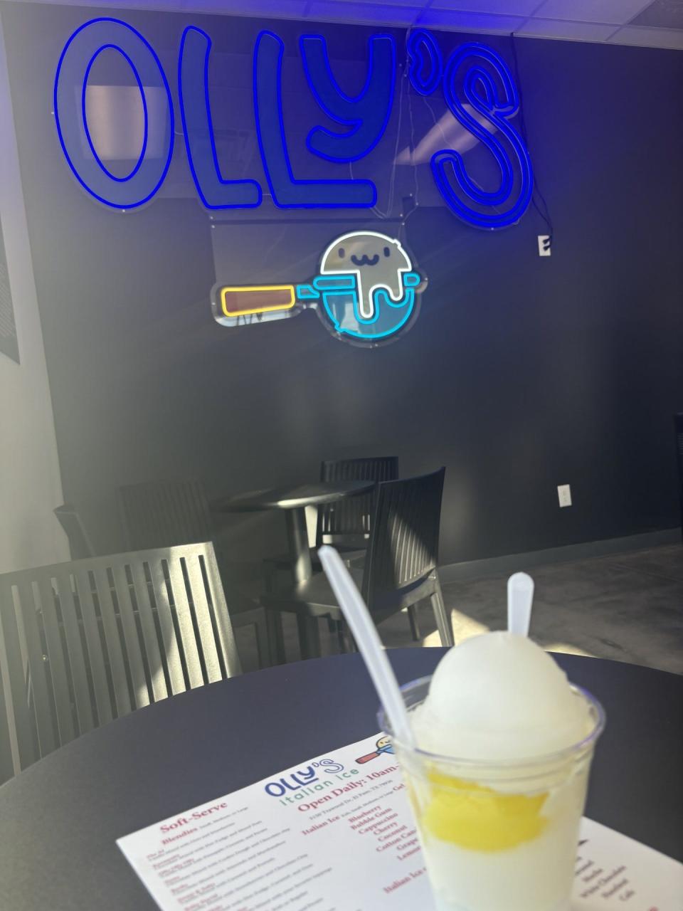 Olly's Italian Ice offers a variety of ice flavors that can be mixed with soft serve ice cream like vanilla or chocolate. The shop also offers soft serve Blendies, shakes and coffees.
