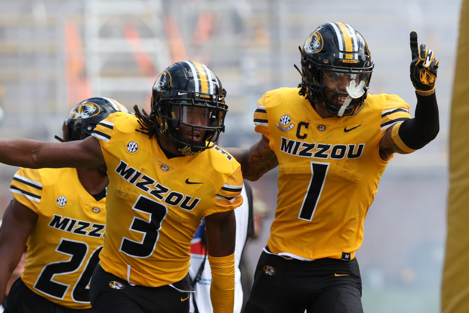 COLUMBIA, MO - SEPTEMBER 14: Missouri Tigers wide receivers Luther Burden III (3) and Theo Wease Jr. (1) after Burden's touchdown in the second quarter of a college football game between the Boston College Eagles and Missouri Tigers on September 14, 2024 at Memorial Stadium in Columbia, MO. (Photo by Scott Winters/Icon Sportswire via Getty Images)