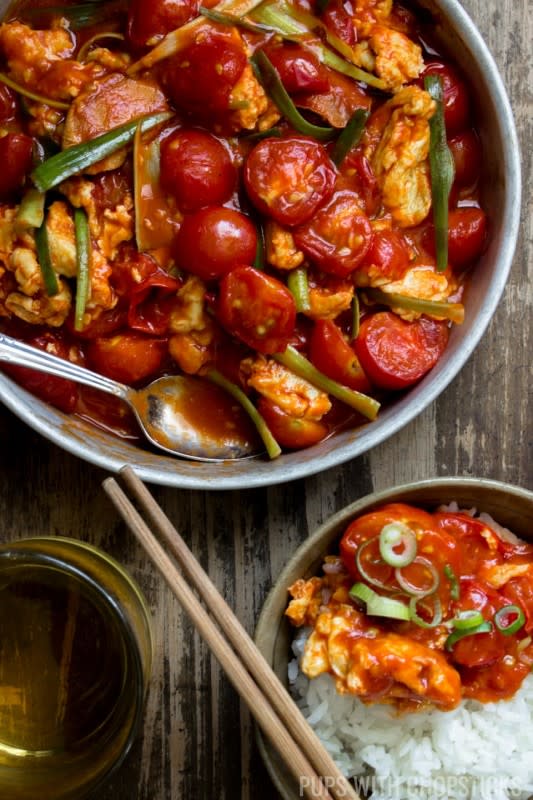 <p>Pups with Chopsticks</p><p>You'll find this Chinese tomato egg stir-fry on many Chinese home dinner tables. It’s quick, cheap and made with very simple ingredients!</p><p><strong>Get the recipe: <a href="https://pupswithchopsticks.com/chinese-tomato-egg-stir-fry/" rel="nofollow noopener" target="_blank" data-ylk="slk:Cantonese Chinese Tomato and Egg Stir-Fry;elm:context_link;itc:0;sec:content-canvas" class="link rapid-noclick-resp">Cantonese Chinese Tomato and Egg Stir-Fry</a></strong></p>