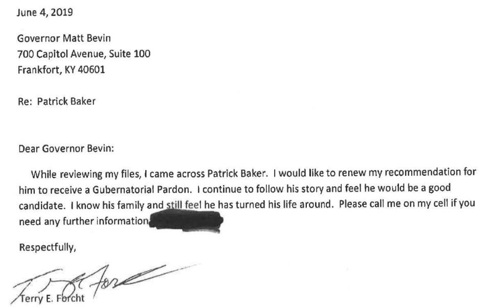 Mega-donor Terry Forcht wrote to then-Gov. Matt Bevin in June 2019 to recommend a pardon for convicted killer Patrick Baker.