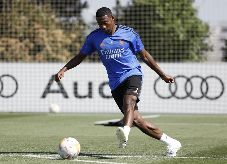 MADRID, SPAIN - MAY 13: David Alaba, player of Real Madrid, is training at Valdebebas training ground on May 13, 2022 in Madrid, Spain. (Photo by Helios de la Rubia/Real Madrid via Getty Images)