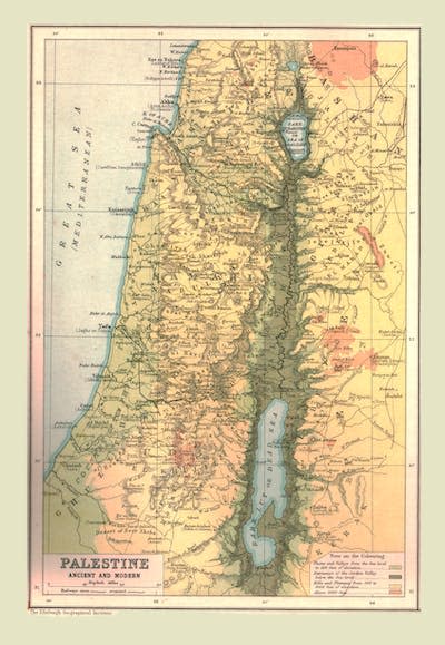 A 1902 map of Palestine. <a href="https://www.gettyimages.com/detail/news-photo/map-of-palestine-ancient-and-modern-1902-showing-the-news-photo/1055145688?adppopup=true" rel="nofollow noopener" target="_blank" data-ylk="slk:The Print Collector/Getty Images;elm:context_link;itc:0;sec:content-canvas" class="link ">The Print Collector/Getty Images</a>