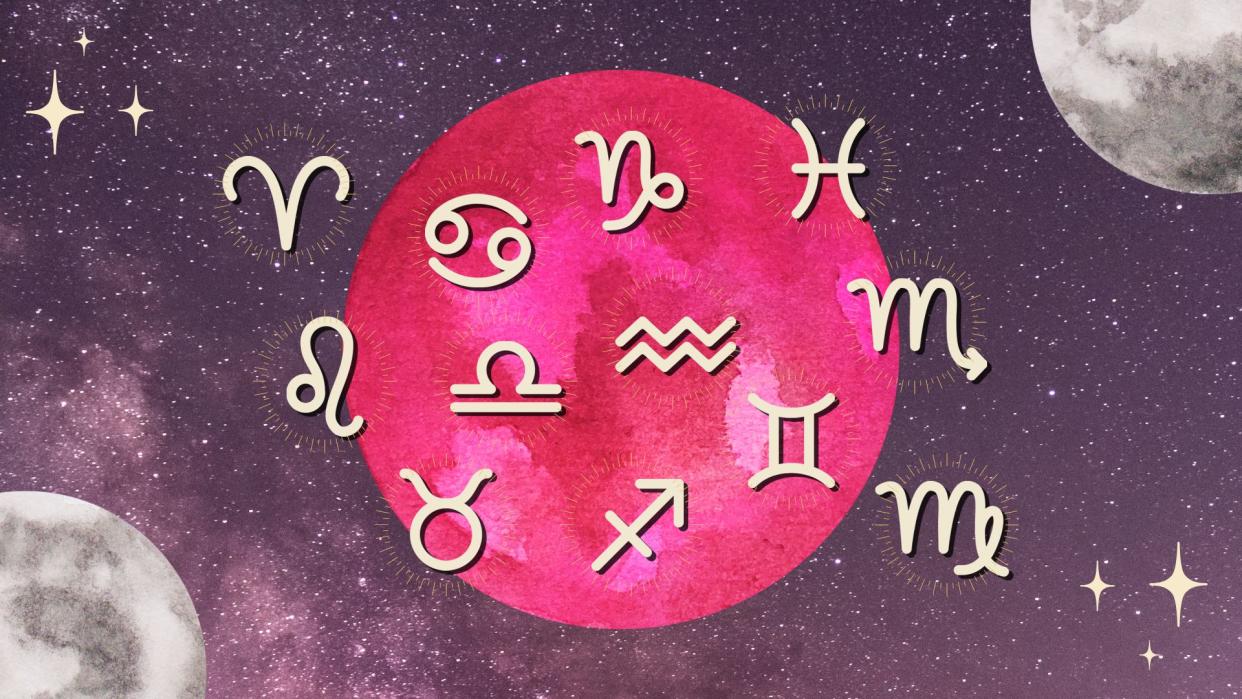  The zodiac signs and the pink full moon against a starry sky 