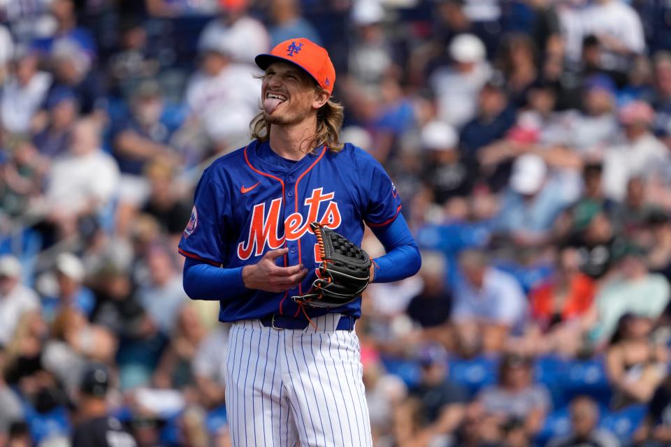 New York Mets pitcher Phil Bickford pauses on the mound during the fifth inning of a spring training baseball game against the New York Yankees Tuesday, March 5, 2024, in Port St. Lucie, Fla..