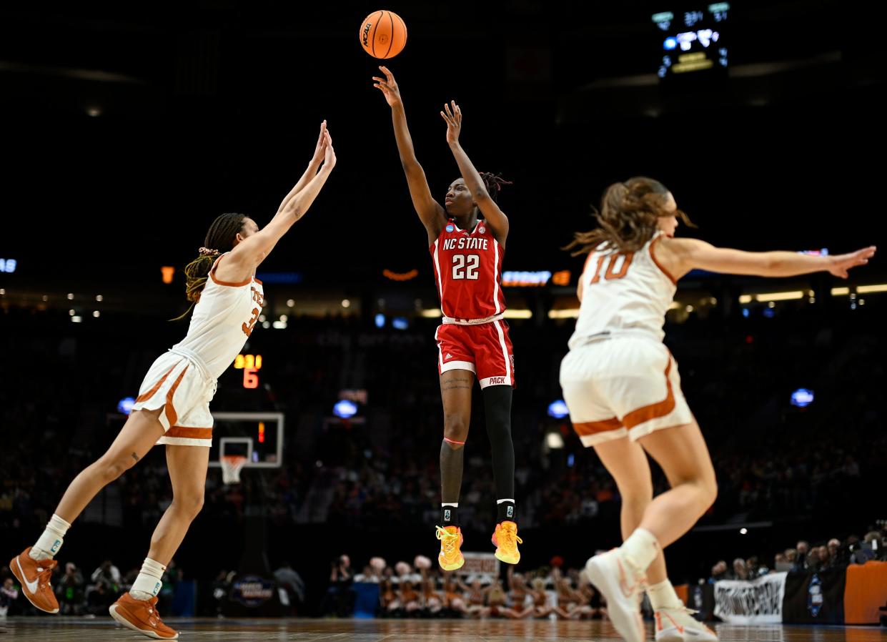 North Carolina State guard Saniya Rivers shoots a jumper during the second half of the Wolfpack's win over Texas in the Elite Eight at the Moda Center in Portland, Ore. North Carolina State will face undefeated South Carolina in the Final Four.