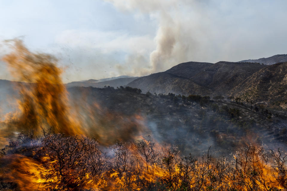 FILE - A forest burns during a wildfire near Altura, eastern Spain, on Aug. 19, 2022. Spain has officially entered a period of a long-term drought owing to high temperatures and low rainfall over the past three years and likely faces another year of heatwaves and forest fires, the country’s weather agency Aemet said Friday March 17, 2023. (AP Photo/Alberto Saiz, File)