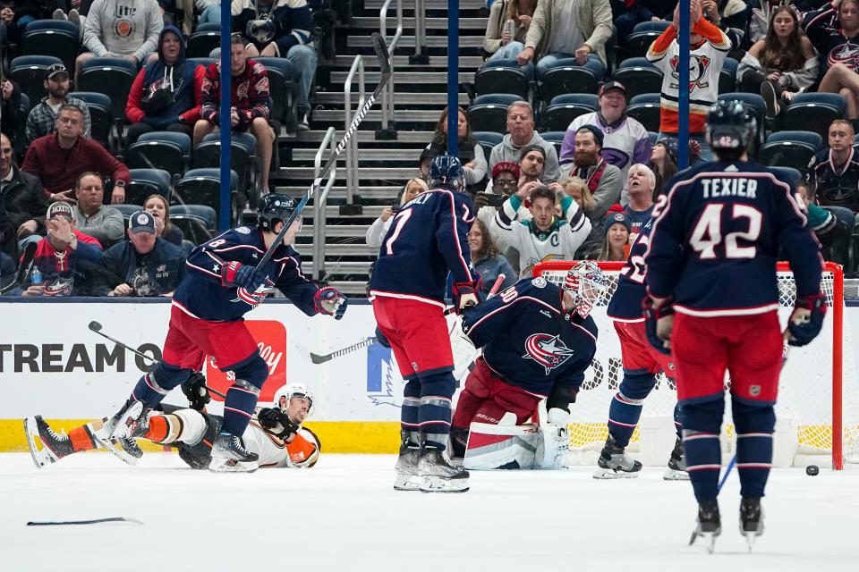 Oct 24, 2023; Columbus, Ohio, USA; Anaheim Ducks right wing Brett Leason (20) scores past Columbus Blue Jackets goaltender Elvis Merzlikins (90) during the third period of the NHL game at Nationwide Arena. The Blue Jackets lost 3-2 (OT).