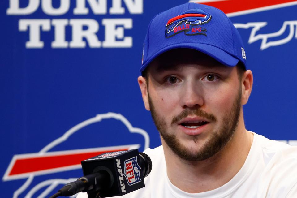 Buffalo Bills quarterback Josh Allen speaks with the media, Thursday Jan. 5, 2023, in Orchard Park, N.Y. Bills safety Damar Hamlin was taken to the hospital after collapsing on the field during the Bill's NFL football game against the Cincinnati Bengals on Monday night. (AP Photo/Jeffrey T. Barnes)