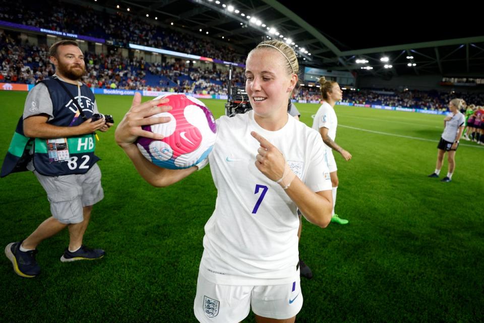 Beth Mead of England picks up the match ball after their hat trick during the UEFA Women’s Euro 2022 group A match between England and Norway at Brighton & Hove Community Stadium (The FA via Getty Images)