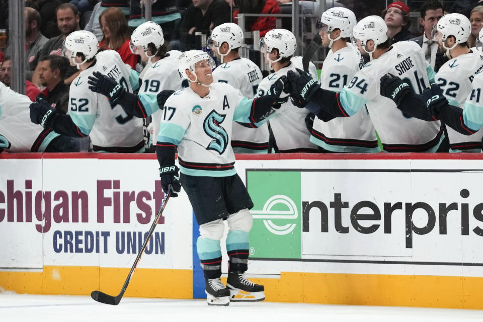 Seattle Kraken center Jaden Schwartz (17) celebrates his goal against the Detroit Red Wings in the second period of an NHL hockey game Tuesday, Oct. 24, 2023, in Detroit. (AP Photo/Paul Sancya)
