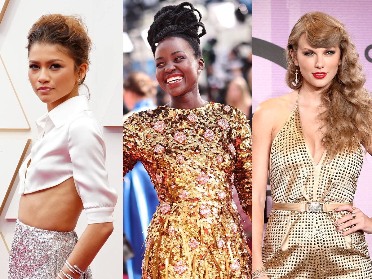 On the left, Zendaya in white crop and glittery skirt on oscars red carpet. In the middle, Lupita Nyong'o in gold dress with crowd in background on Oscars red carpet. On the right, Taylor swift in glittery gold jumpsuit at AMAs.