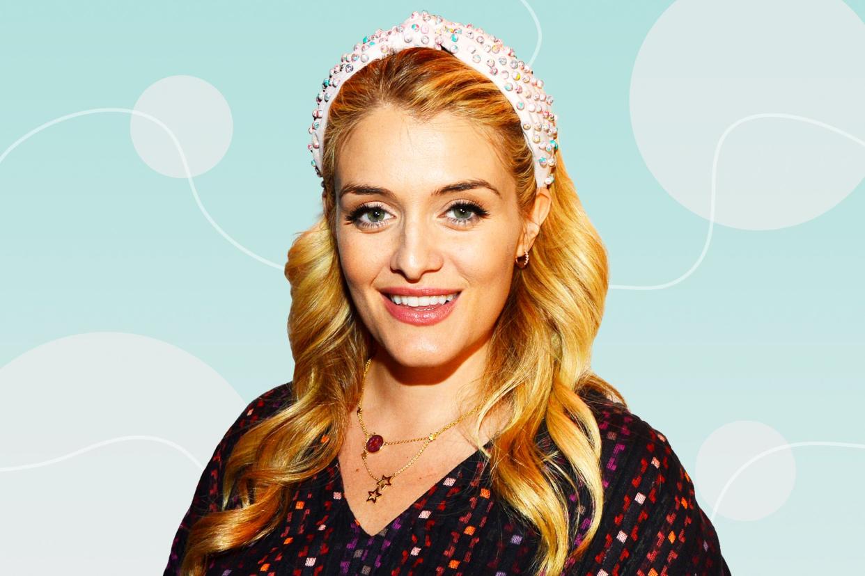 Daphne Oz on a designed background