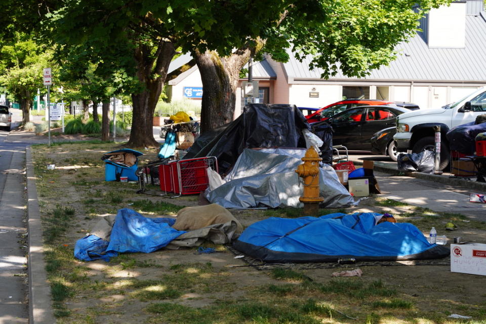 Makeshift shelters line a block in downtown Salem on May 31, 2023.