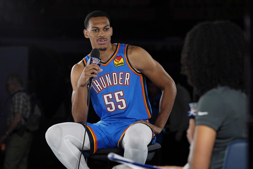 Oklahoma City Thunder forward Darius Bazley (55) is interviewed during an NBA basketball media day Monday, Sept. 26, 2022, in Oklahoma City. (AP Photo/Sue Ogrocki)