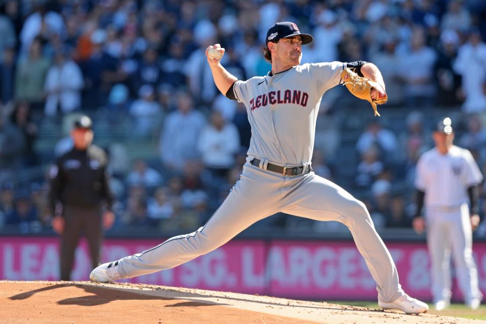 Guardians starter Shane Bieber pitches against the Yankees during the first inning in Game 2 of the ALDS, Oct. 14, 2022, in New York.