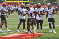 Cleveland Browns running back Nick Chubb (24) runs a drill during an NFL football practice, Saturday, July 31, 2021, in Berea, Ohio. (AP Photo/Tony Dejak)