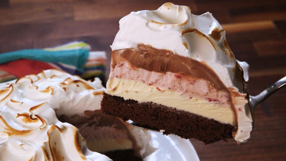 <p>Baked Alaska sounds complicated and fussy, but reality is it's super easy. Three layers of ice cream and a <a href="https://www.delish.com/cooking/recipe-ideas/g2796/brownie-recipes/" rel="nofollow noopener" target="_blank" data-ylk="slk:brownie;elm:context_link;itc:0;sec:content-canvas" class="link ">brownie</a> crust make up this nostalgic <a href="https://www.delish.com/cooking/recipe-ideas/a21350797/ice-cream-cake-recipe/" rel="nofollow noopener" target="_blank" data-ylk="slk:ice cream cake;elm:context_link;itc:0;sec:content-canvas" class="link ">ice cream cake</a>. Swap out the ice cream for your favorite seasonal flavors (<a href="https://www.delish.com/cooking/recipe-ideas/a41723063/peppermint-ice-cream-recipe/" rel="nofollow noopener" target="_blank" data-ylk="slk:peppermint;elm:context_link;itc:0;sec:content-canvas" class="link ">peppermint</a> could be nice!).</p><p>Get the <strong><a href="https://www.delish.com/cooking/recipe-ideas/recipes/a54800/best-baked-alaska-recipe/" rel="nofollow noopener" target="_blank" data-ylk="slk:Baked Alaska recipe;elm:context_link;itc:0;sec:content-canvas" class="link ">Baked Alaska recipe</a></strong>.</p>