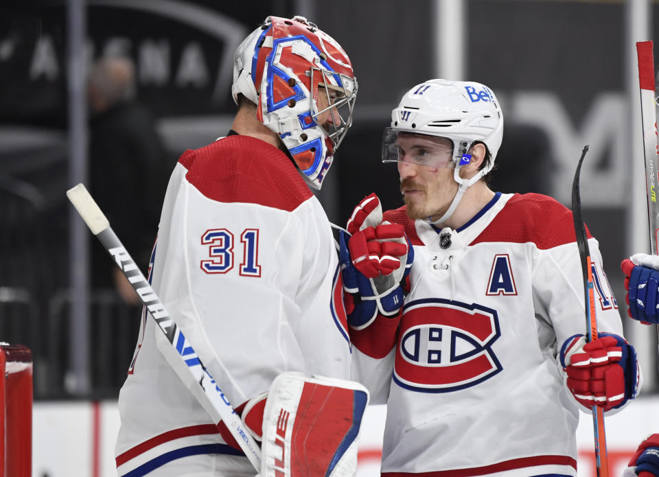 LAS VEGAS, NEVADA - JUNE 22: The Montreal Canadiens celebrate after defeating the Vegas Golden Knights in Game Five of the Stanley Cup Semifinals at T-Mobile Arena on June 22, 2021 in Las Vegas, Nevada. (Photo by Jeff Bottari/NHLI via Getty Images)