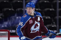 Colorado Avalanche right wing Mikko Rantanen looks back during the third period of the team's NHL hockey game against the Los Angeles Kings on Thursday, May 13, 2021, in Denver. (AP Photo/Jack Dempsey)