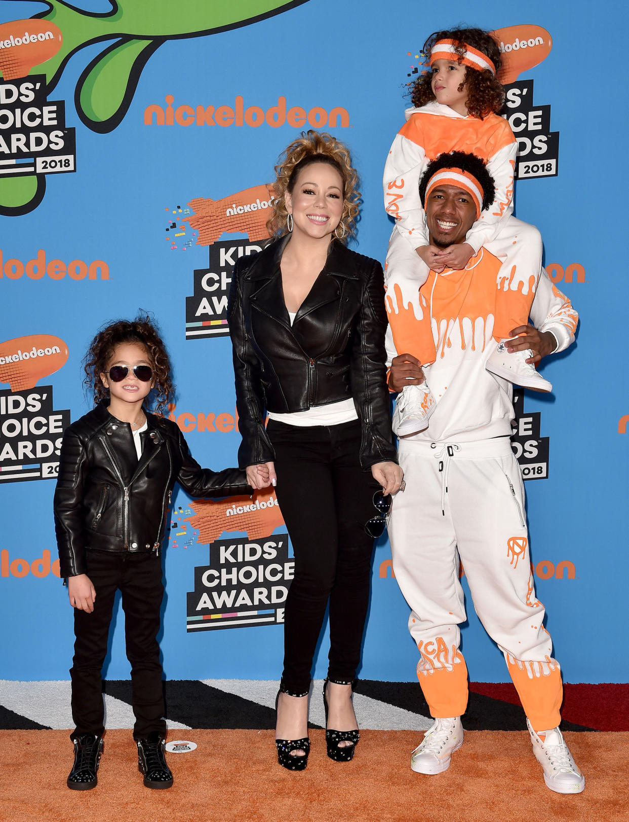 Mariah Carey, Nick Cannon, daughter Monroe Cannon and son Moroccan Cannon attend Nickelodeon's 2018 Kids' Choice Awards at The Forum on March 24, 2018 in Inglewood, California.  (Axelle / Bauer-Griffin / FilmMagic)