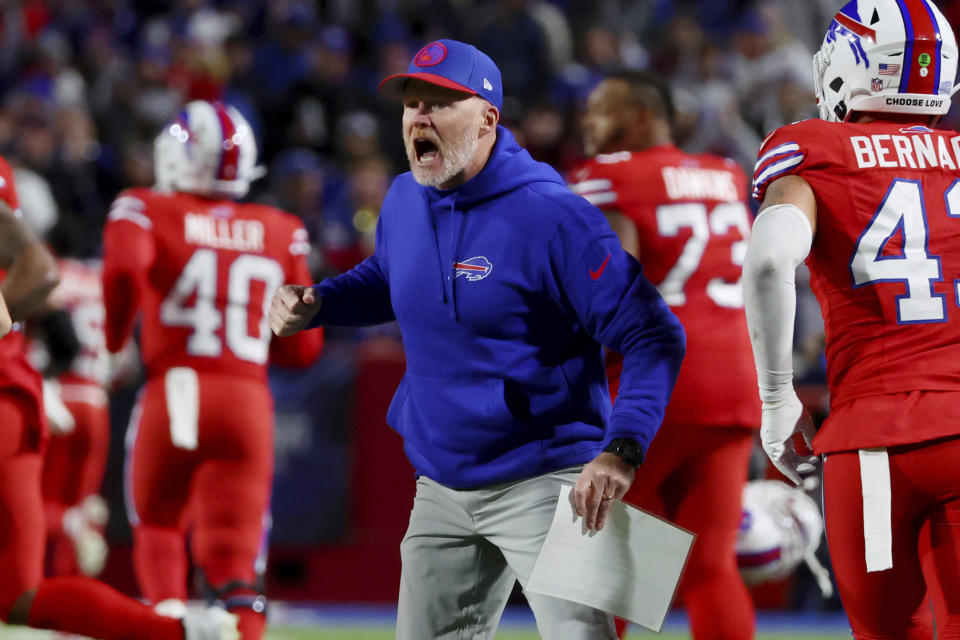 Buffalo Bills head coach Sean McDermott cheers on his players at the end of the first half of an NFL football game against the New York Giants in Orchard Park, N.Y., Sunday Oct. 15, 2023. (AP Photo/ Jeffrey T. Barnes)