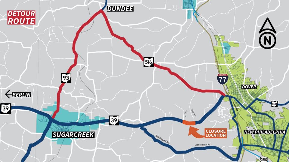 A map provided by ODOT details the upcoming construction-related closure to Ohio 39, West of New Philadelphia.