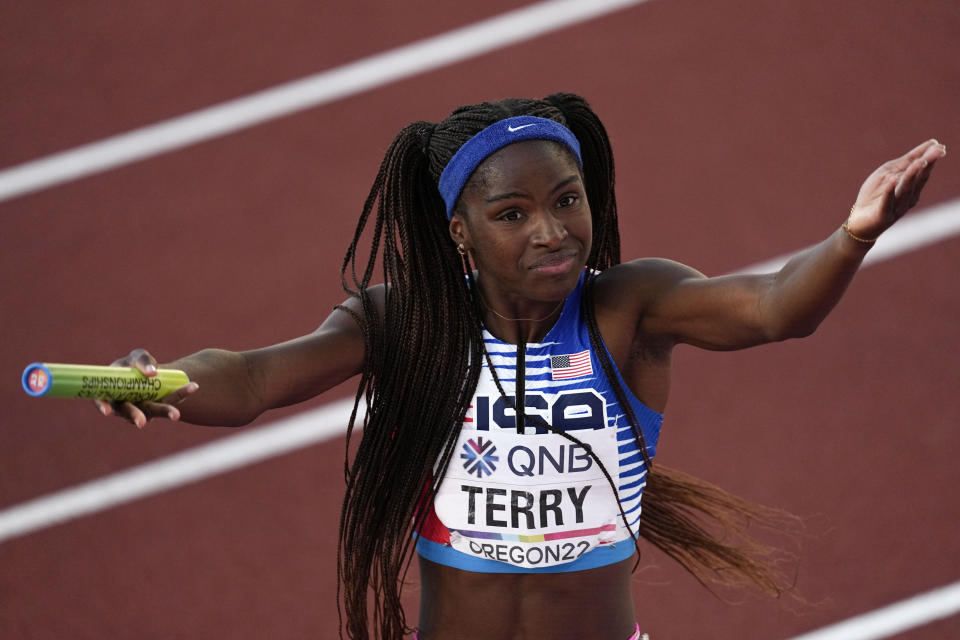 Gold medalist Twanisha Terry, of the United States, celebrates after the final in the women's 4x100-meter relay at the World Athletics Championships on Saturday, July 23, 2022, in Eugene, Ore. (AP Photo/Gregory Bull)