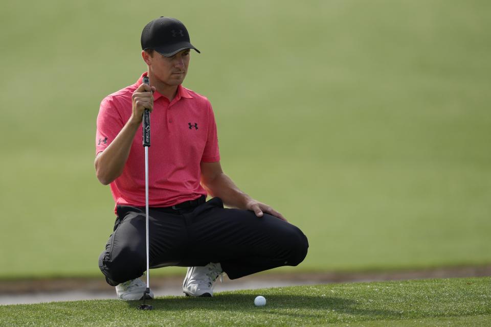 Jordan Spieth lines up a putt on the second hole during the first round at the Masters golf tournament at Augusta National Golf Club Thursday, April 11, 2024, in Augusta, Ga. (AP Photo/David J. Phillip)