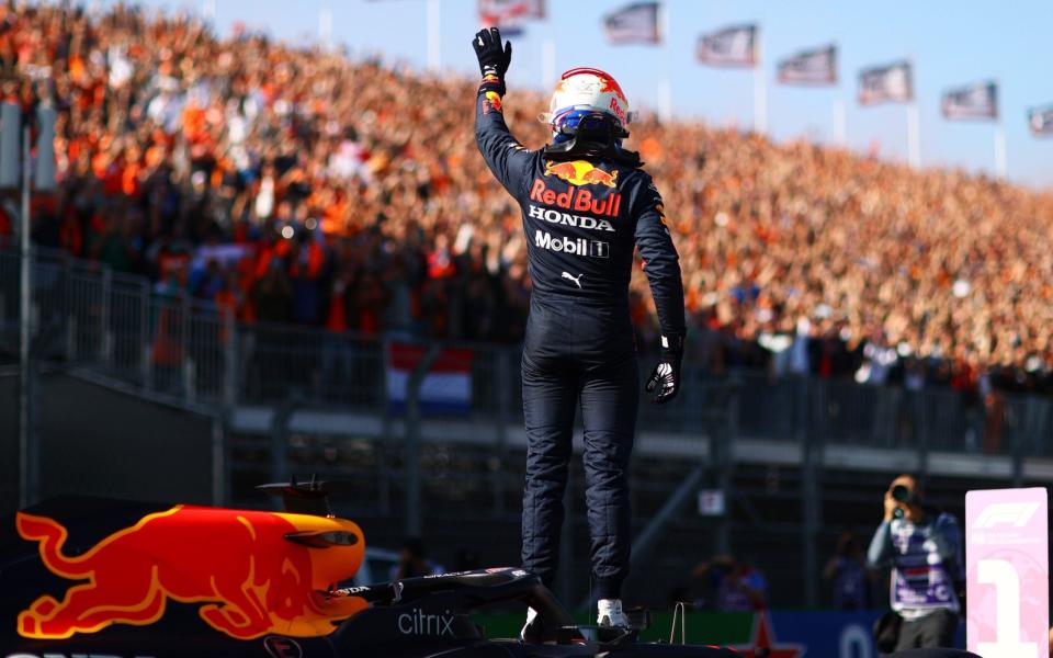 Pole position qualifier Max Verstappen of Netherlands and Red Bull Racing celebrates in parc ferme during qualifying ahead of the F1 Grand Prix of The Netherlands at Circuit Zandvoort on September 04, 2021 in Zandvoort, Netherland - Dan Istitene - Formula 1/Formula 1 via Getty Images