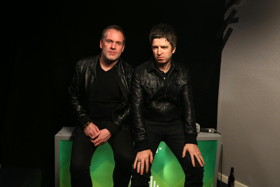 Noel Gallagher and Chris Moyles backstage at the Radio X Road Trip Show held at the O2 Apollo in  Manchester. PRESS ASSOCIATION Photo. Picture date: Wednesday December 2, 2015. Photo credit should read: Martin Rickett/PA Wire 