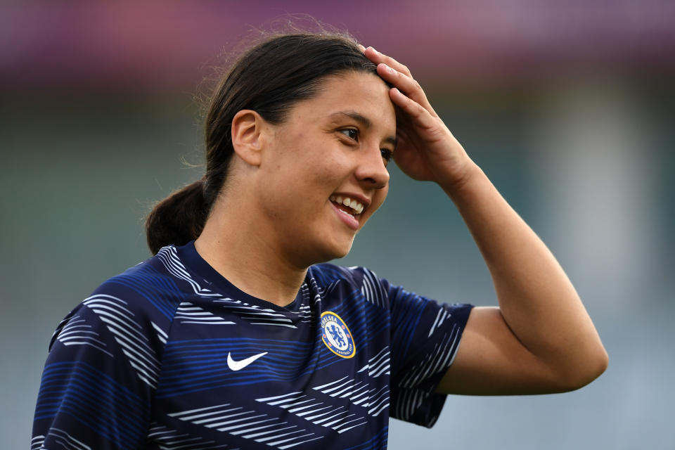 GOTHENBURG, SWEDEN - MAY 16: Sam Kerr of Chelsea looks on prior to the UEFA Women's Champions League Final match between Chelsea FC and Barcelona at Gamla Ullevi on May 16, 2021 in Gothenburg, Sweden. (Photo by Harriet Lander - Chelsea FC/Chelsea FC via Getty Images)