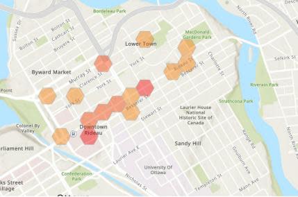 Ottawa police put an example of a crime 'hot spot' map around Rideau Street from Feb. 19 to March 17, 2024. They say properly addressing areas where crimes are concentrated doesn't simply send that kind of activity elsewhere.