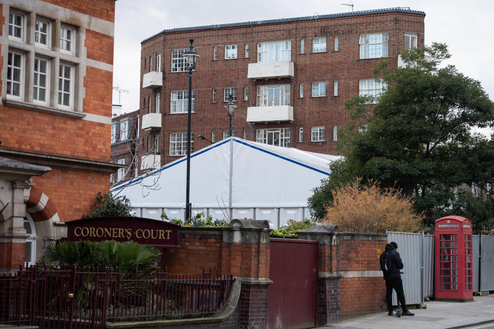 A general view of what is believed to be a temporary mortuary, built to handle a possible spike in deaths due to the ongoing COVID-19 coronavirus pandemic, at Westminster coroner's court on March 18, 2020 in London, England. Source: Getty Images