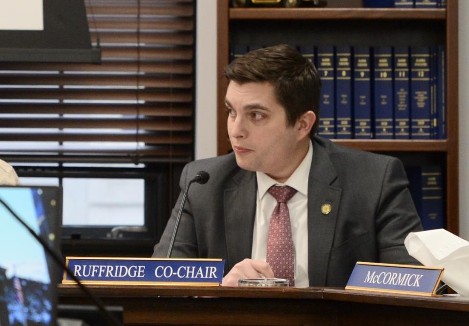 Rep. Justin Ruffridge, R-Soldotna, is seen during a Wednesday, April 26, 2023, meeting of the House Education Committee. (James Brooks/Alaska Beacon)