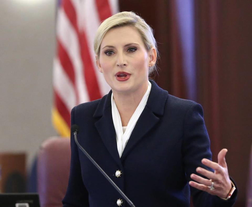 Florida Secretary of State Laurel Lee speaks at a news conference on Tuesday, Oct. 29, 2019, in Tallahassee.