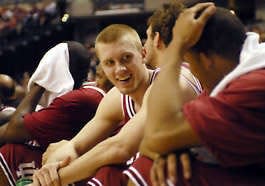 Indiana forward Lance Stemler relaxes with his teammates on the bench late in the second half of the Hoosiers’ 86-57 win over IUPUI Friday night in Indianapolis. Stemler finished with 21 points in the game.Chris Howell | Herald-Times