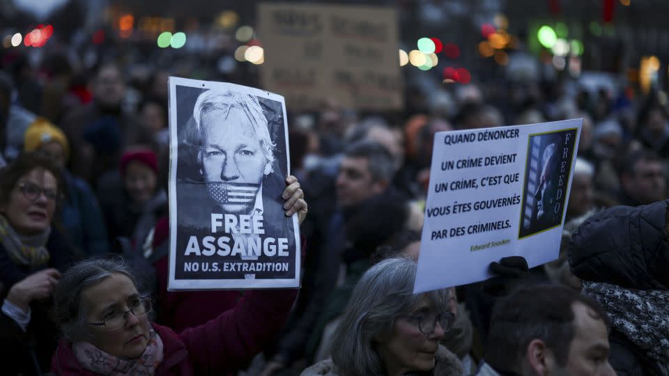 Demonstrators gather in support of WikiLeaks founder Julian Assange at the Place de la Republique in Paris, on the day Assange appeals in a British court against his extradition to the US, February 20, 2024. - Stephanie Lecocq/Reuters