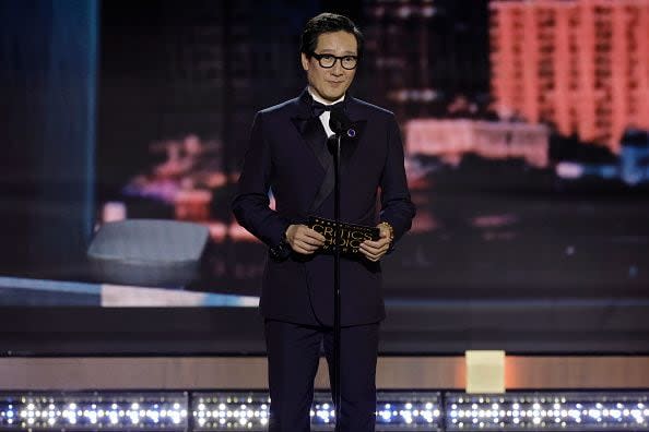 SANTA MONICA, CALIFORNIA - JANUARY 14: Ke Huy Quan speaks onstage during the 29th Annual Critics Choice Awards at Barker Hangar on January 14, 2024 in Santa Monica, California. (Photo by Kevin Winter/Getty Images for Critics Choice Association)