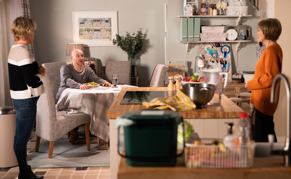 FROM ITV

STRICT EMBARGO - No Use Before Tuesday 12th April 2022

Coronation Street - Ep 1062021

Friday 22nd April 2022

Sally Metcalfe [SALLY DYNEVOR finally bites the bullet and suggests to Elaine Metcalfe [PAULA WILCOX] it is time she moved out. Also pictured Tim Metcalfe [JOE DUTTINE]. 

Picture contact - David.crook@itv.com

Photographer - Danielle Baguley

This photograph is (C) ITV Plc and can only be reproduced for editorial purposes directly in connection with the programme or event mentioned above, or ITV plc. Once made available by ITV plc Picture Desk, this photograph can be reproduced once only up until the transmission [TX] date and no reproduction fee will be charged. Any subsequent usage may incur a fee. This photograph must not be manipulated [excluding basic cropping] in a manner which alters the visual appearance of the person photographed deemed detrimental or inappropriate by ITV plc Picture Desk. This photograph must not be syndicated to any other company, publication or website, or permanently archived, without the express written permission of ITV Picture Desk. Full Terms and conditions are available on  www.itv.com/presscentre/itvpictures/terms