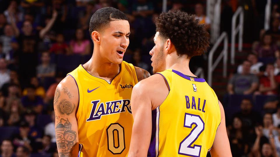 Kuzma and Ball in action for the Lakers. Pic: Getty