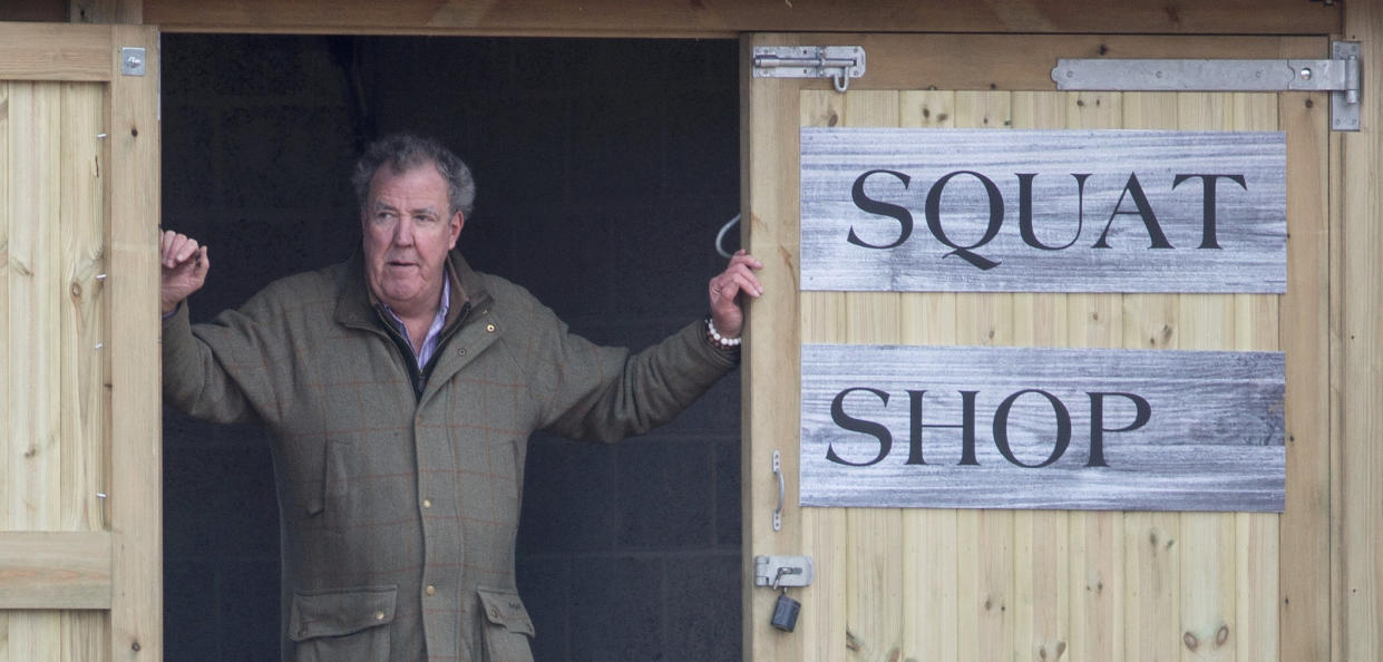 Jeremy Clarkson outside his Diddly Squat farm shop in Chipping Norton, Oxfordshire. 22 February 2020.  See SWNS story SWSYclarkson. Jeremy Clarkson's Farm has been 