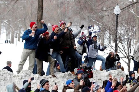 Feb 4, 2015; Boston, MA, USA; New England Patriot fans cheer while standing on a snow bank during the Super Bowl XLIX-New England Patriots Parade. Mandatory Credit: Greg M. Cooper-USA TODAY Sports