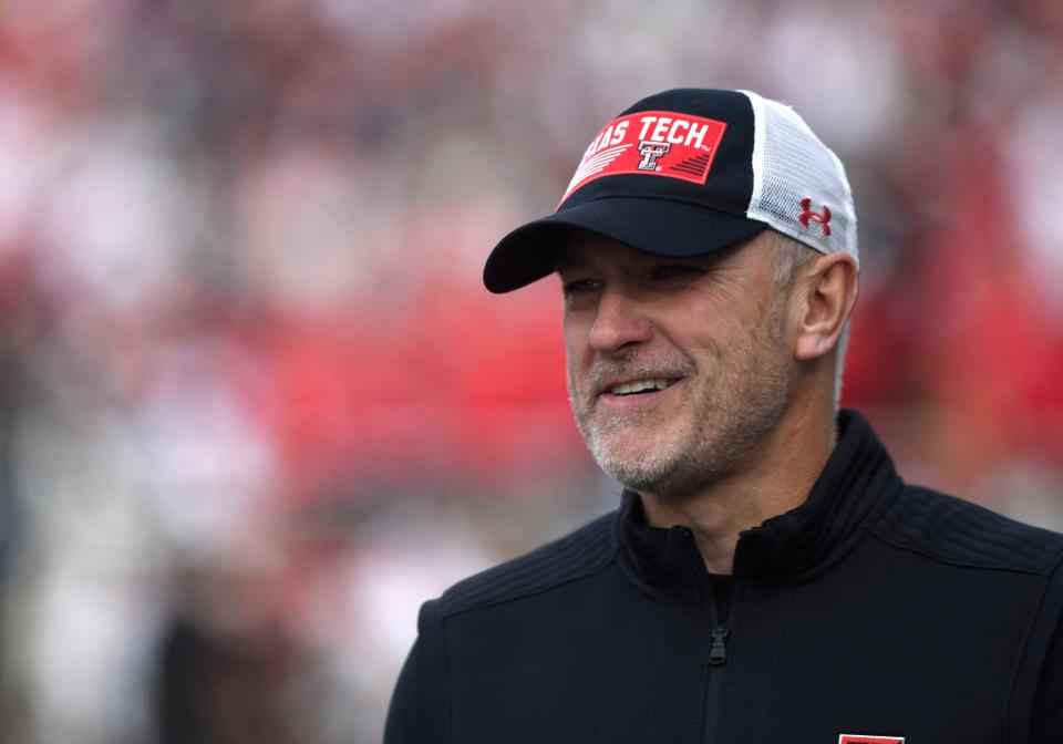 Texas Tech's head coach Joey McGuire smiles before the Big 12 football game against UCF, Saturday, Nov. 18, 2023, at Jones AT&T Stadium.