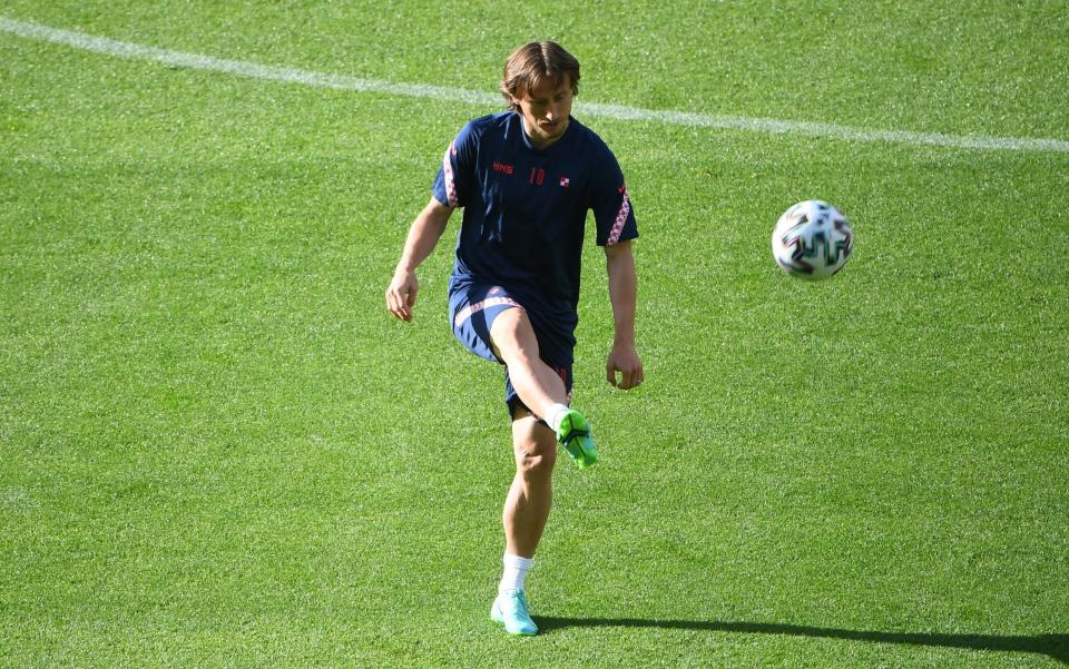 Luka Modric of Croatia controls the ball as he warms up during the Croatia Training Session ahead of the UEFA Euro 2020 Group D match between Croatia and Czech Republic at Hampden Park on June 17, 2021 in Glasgow, Scotland -  Andy Buchanan - Pool/Getty Images