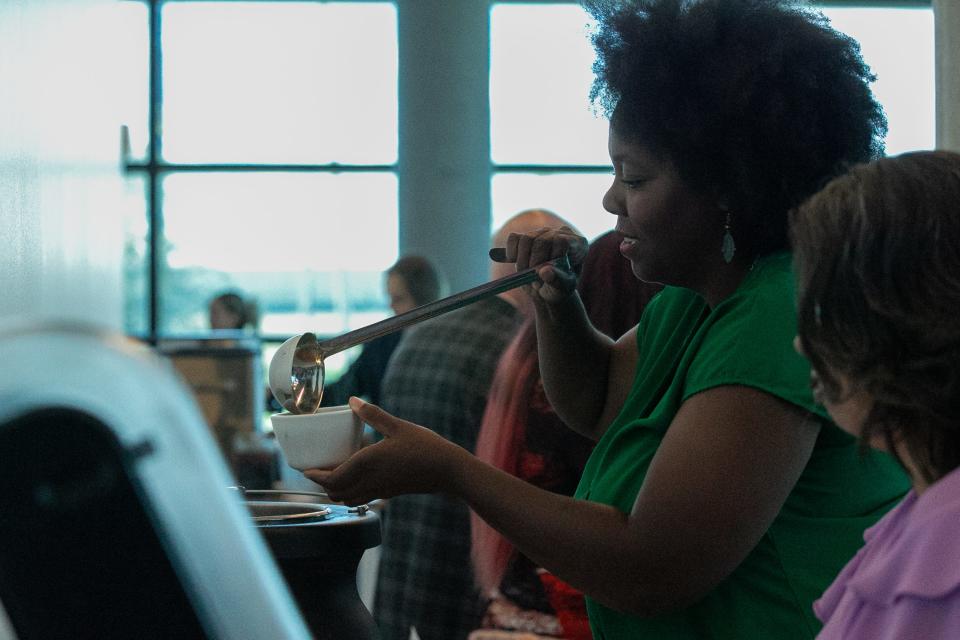 Raenor Burton-Parker, chief of operations at Ellison Helmsman Inc., pours some miso soup into a small bowl at Del Mar College's Oso Creek Campus Thursday, Sept. 21, 2023.